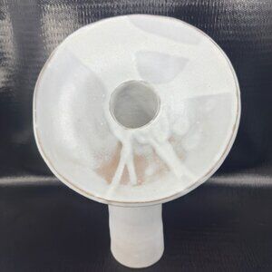 1971 Hand Made Pottery Vase Vessel White Drip Glaze Artist Signed Abstract Shape